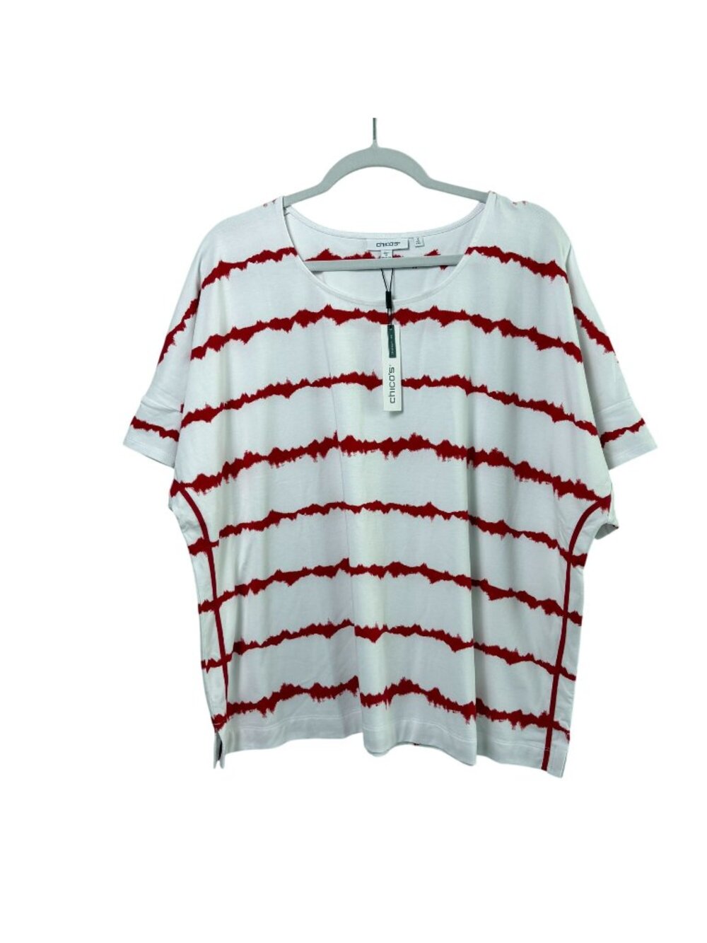 Chicos Zenergy UPF Tie Dye Stripe Top Size 4 XXL Red White Short‎ Sleeve NWT